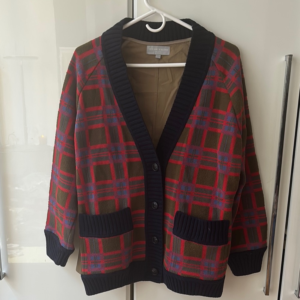 Wool combo trench cardigan